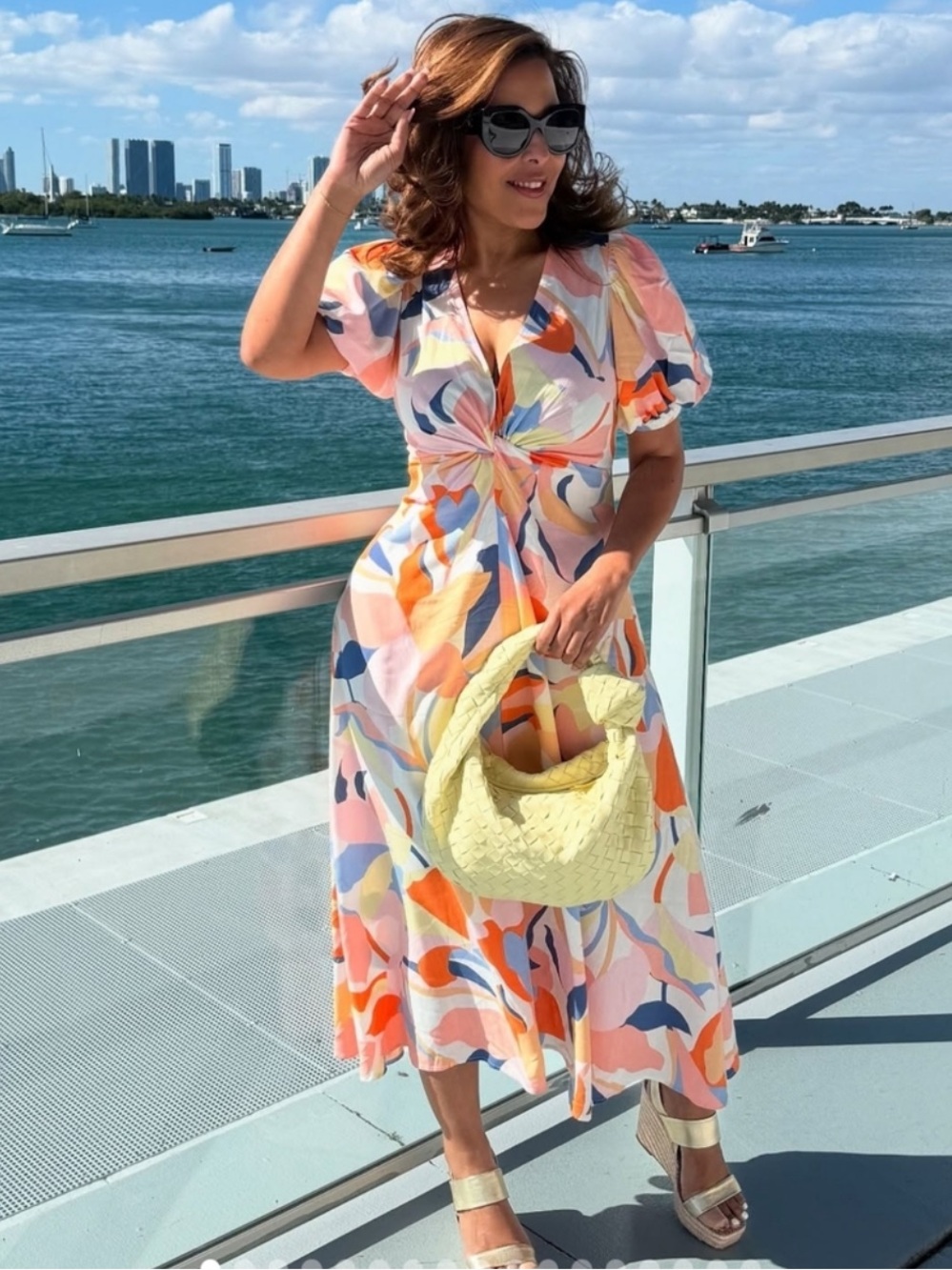 Twist-Front Abstract Print Midi Dress in Pink & Orange